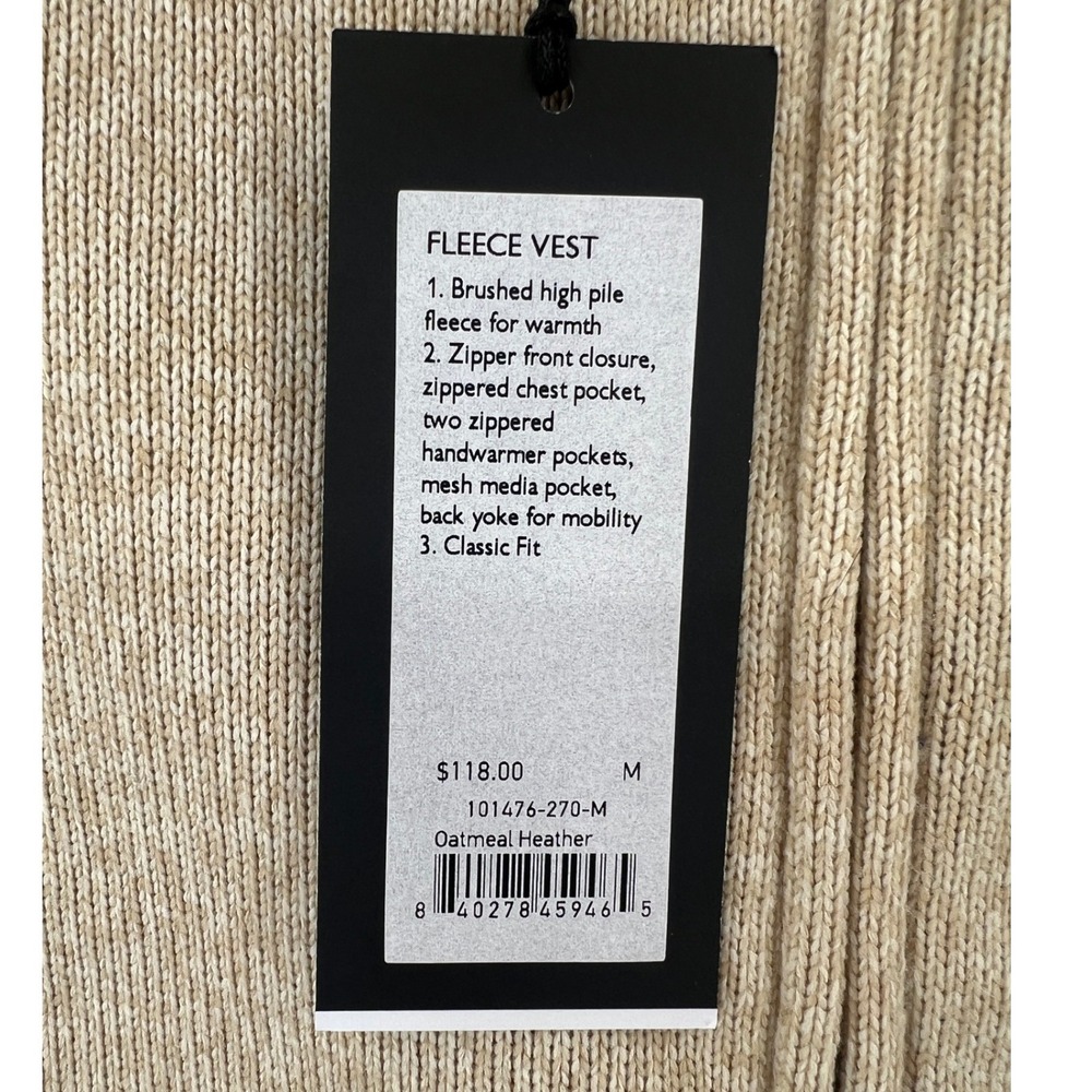 Rhone Fleece Vest Mens M Oatmeal Heather Full Zip Pockets Earth Tones NWT - Picture 3 of 10
